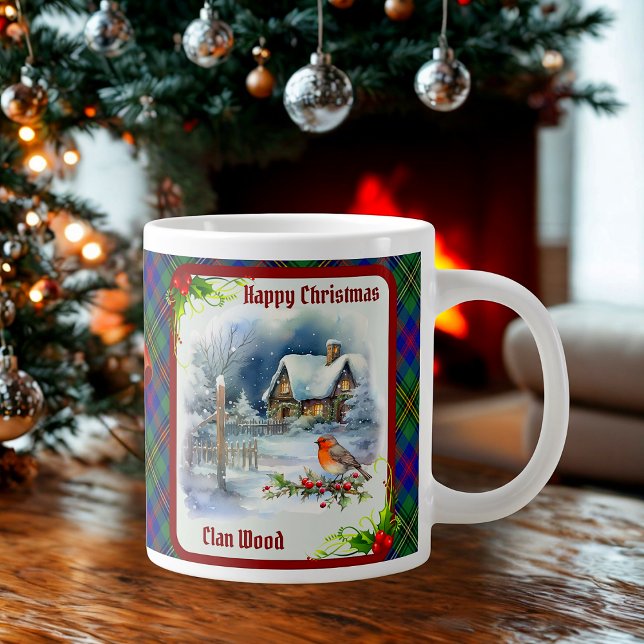 Wood Tartan & Robin Christmas Personalised Large Coffee Mug (Creator Uploaded)