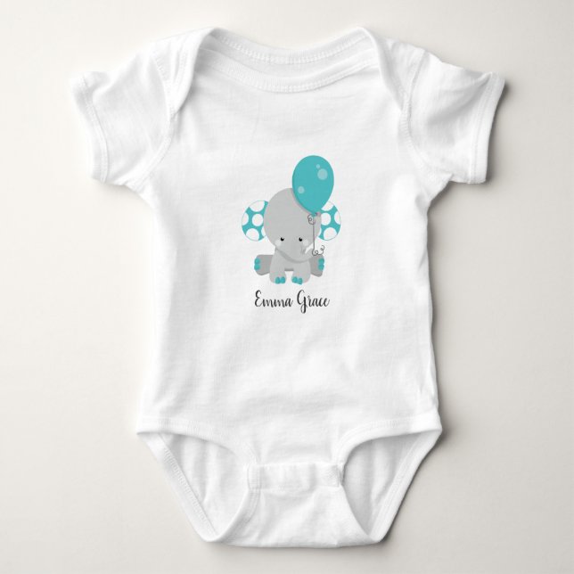 Wood & Teal Elephant Gender Neutral Baby Monogram Bodysuit (Front)