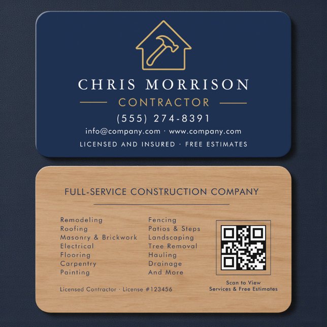 Wood Texture Navy Blue Contractor QR Code Business Card (Creator Uploaded)