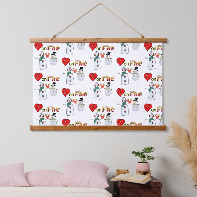 Wood Topped Wall Tapestry Hearts on Fire Snowman  (Bedroom)
