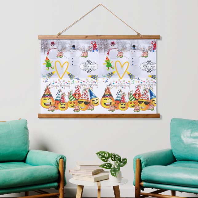 Wood Topped Wall Tapestry Merry Christmas Birthday (Living Room)