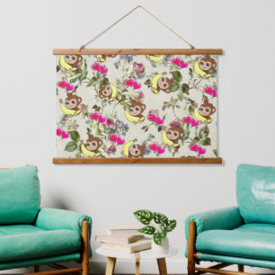 Wood Topped Wall Tapestry Monkey Bananas Hearts 