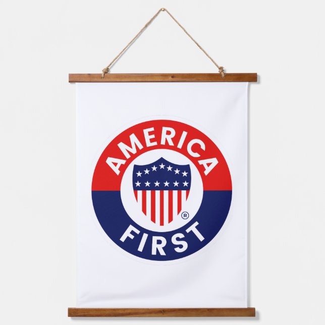 Wood Topped Wall Tapestry With America First  (Front)