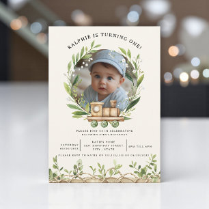 Wood Train Greenery Photo First Birthday Invitation