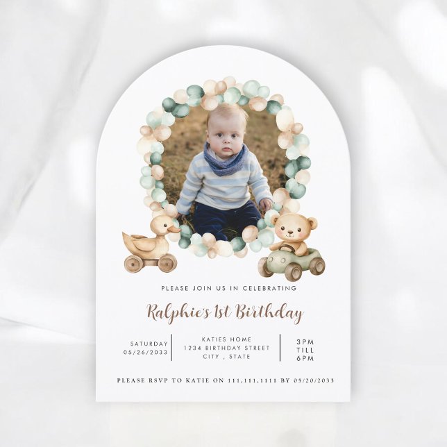 Wood Train Greenery Photo First Birthday Invitation (Creator Uploaded)