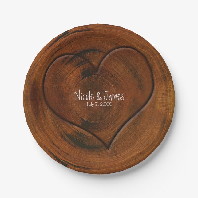 Wood Tree Stump With Carved Heart Rustic Wedding Paper Plate (Front)
