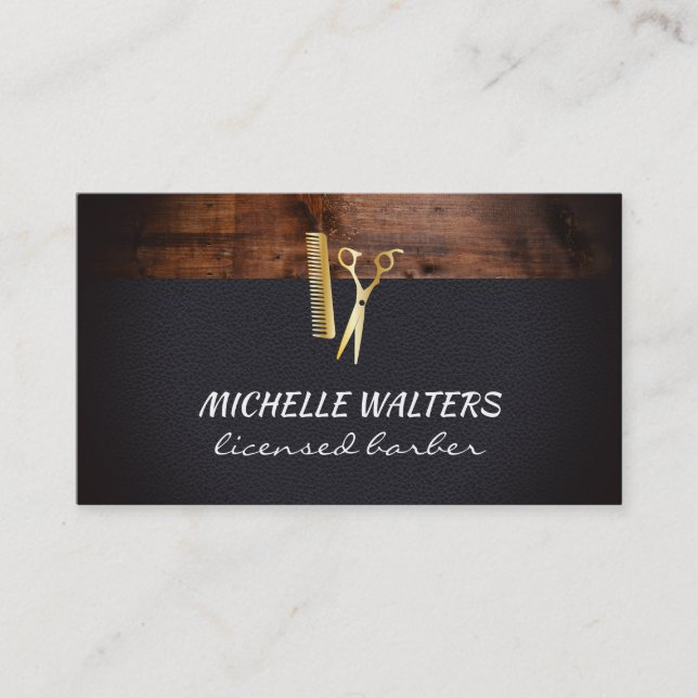 Wood Trim and Leather Licensed Barber Business Card (Front)