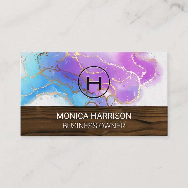 Wood Trim | Monogram | Watercolor Gold Foil Business Card (Front)
