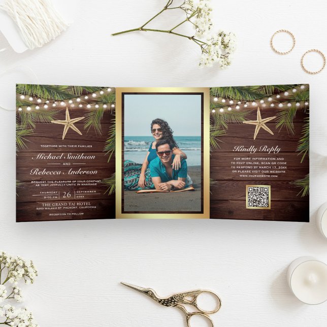 Wood Tropical Palm Leaves Starfish QR Code Wedding Tri-Fold Invitation (Creator Uploaded)