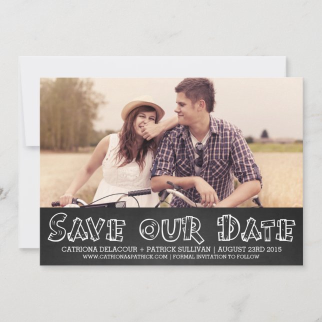 Wood Typography Photo Save Our Date Announcement (Front)