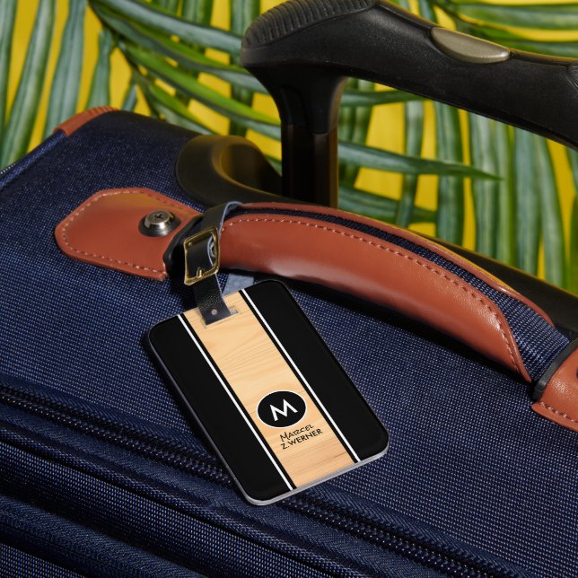 Wood Vertical Stripe Monogrammed Black Luggage Tag (Front Insitu 1)