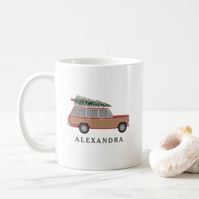 Wood Wagon Christmas Tree Coffee Mug (With Donut)