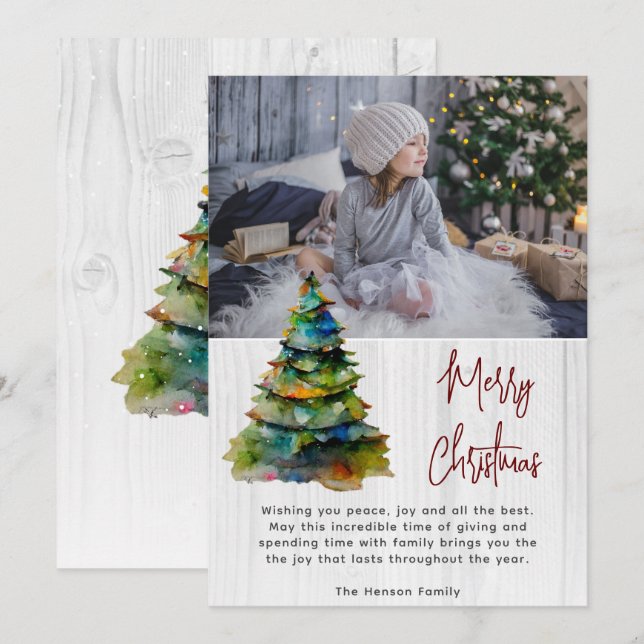 Wood Watercolor Christmas Tree Artistic Photo  Holiday Card (Front/Back)