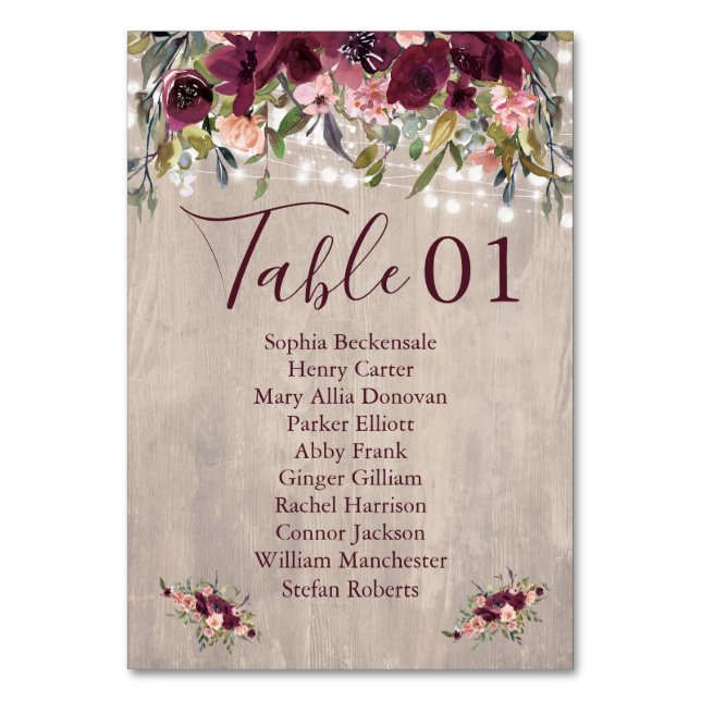 Wood Watercolor Florals with Light Strings Table Number (Front)