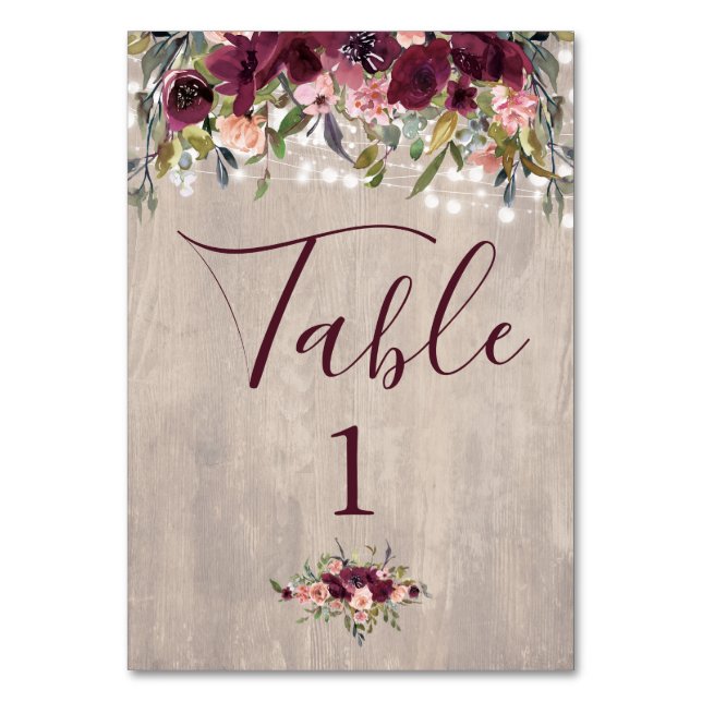 Wood Watercolor Florals with Light Strings Table Number (Front)