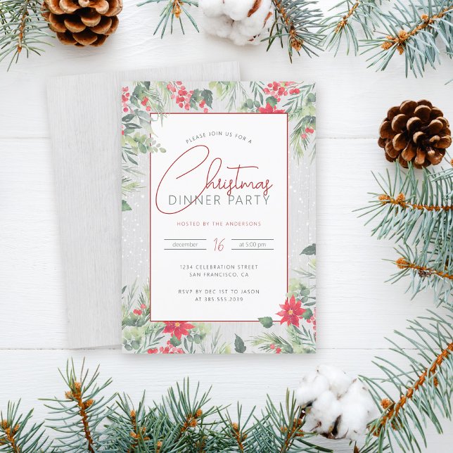 Wood & Watercolor Foliage Christmas Dinner Party Invitation (Creator Uploaded)