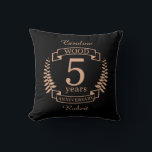 Wood wedding anniversary 5 years cushion<br><div class="desc">A design to celebrate 5 years of marriage. This design has a tan (wood) coloured laurel design on a black background. Wood is the traditional gift for this occasion. The text reads Wood 5 years anniversary. A romantic design to celebrate your 5th year of marriage. If you would like any...</div>