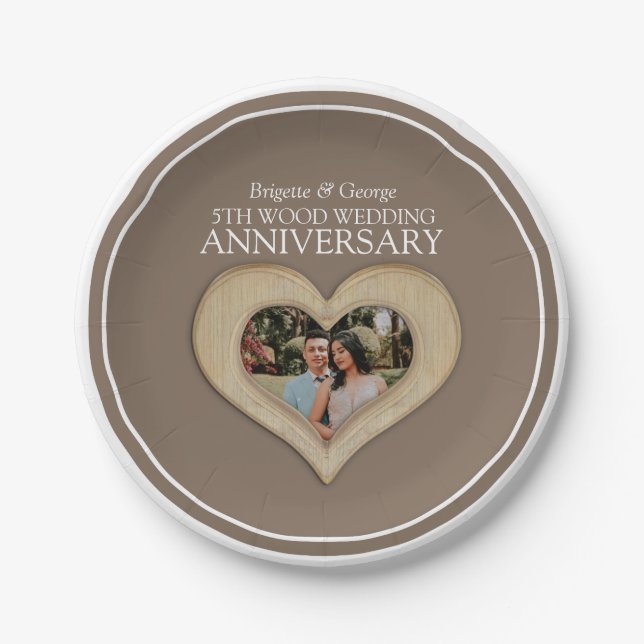 Wood wedding Anniversary photo heart paper plates (Front)