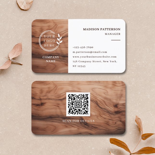 Wood White Logo QR Code Minimalist Modern Business Card (Creator Uploaded)