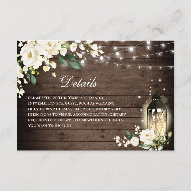 Wood  White Rose  Floral Lantern Wedding Details Enclosure Card (Front)