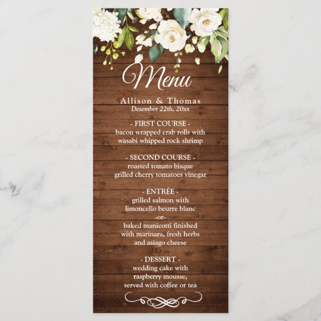 Wood & White Rose Rustic Floral Wedding Menu Card (Front)