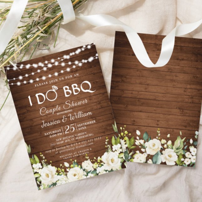 Wood & White Roses Floral I Do BBQ Couple Shower Invitation (Creator Uploaded)
