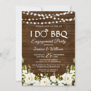 Wood White Roses Floral I Do BBQ Engagement Party Invitation