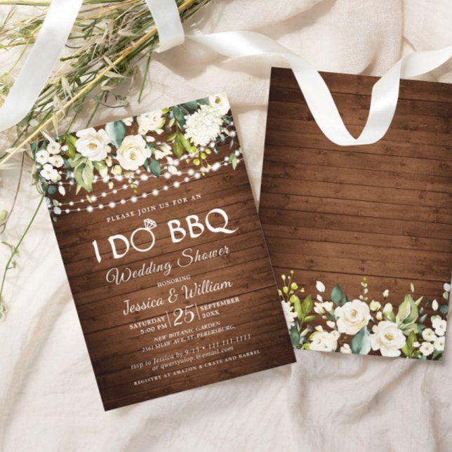 Wood & White Roses Floral I Do BBQ Wedding Shower Invitation (Creator Uploaded)