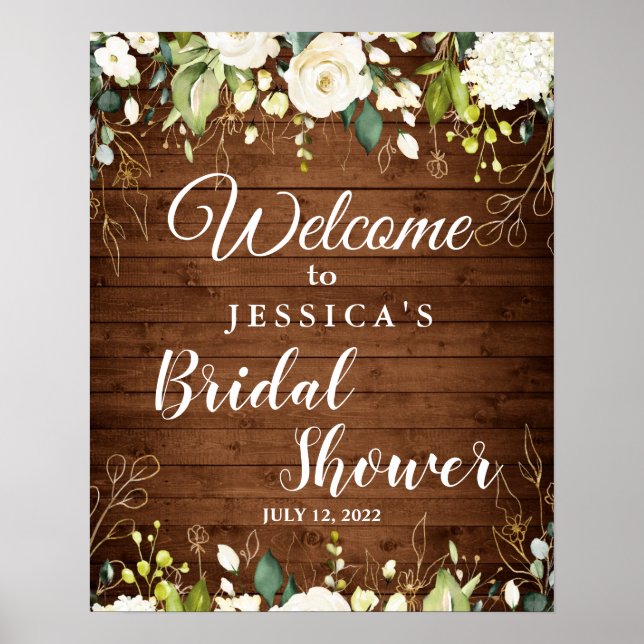 Wood & White Roses Greenery Bridal Shower Welcome Poster (Front)