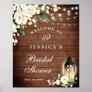 Wood & White Roses Greenery Bridal Shower Welcome Poster