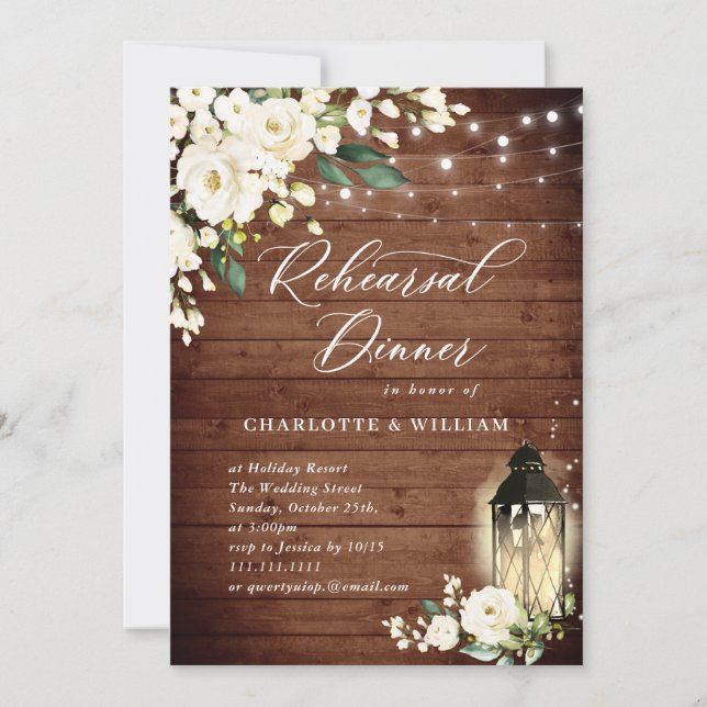 Wood White Roses & Lantern Rehearsal Dinner Invitation (Front)