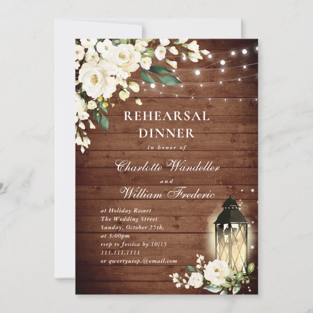 Wood White Roses & Lantern Rehearsal Dinner Invitation (Front)
