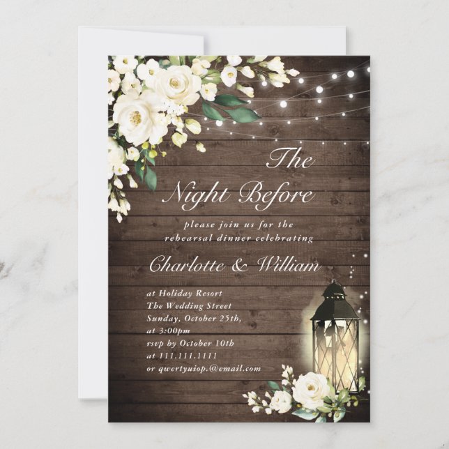 Wood White Roses & Lantern Rehearsal Dinner Invitation (Front)