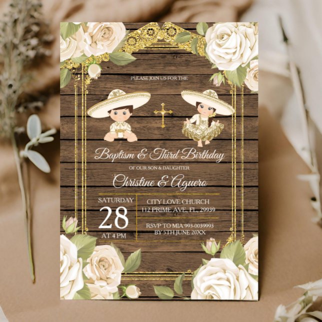 Wood White Roses Twin Baptism & Third Birthday Invitation (Creator Uploaded)