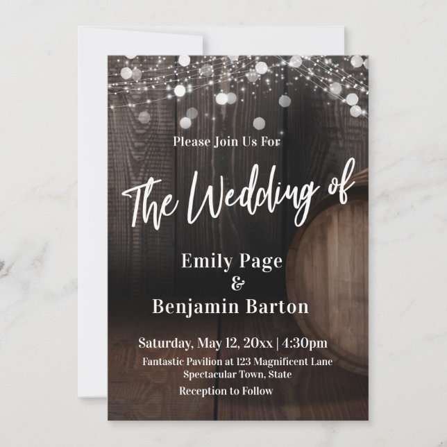 Wood Wine Barrel Lights Casual The Wedding of Invitation (Front)