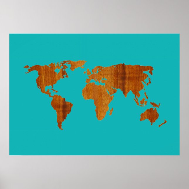 wood world map turquoise poster (Front)