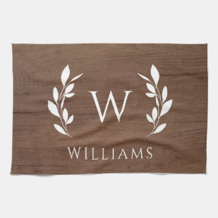 Wood Wreath Initial Monogram Last Name Tea Towel