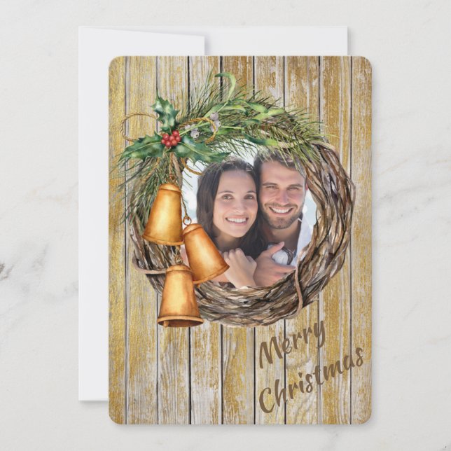 Wood Wreath with Bells Photo Template Holiday Card (Front)