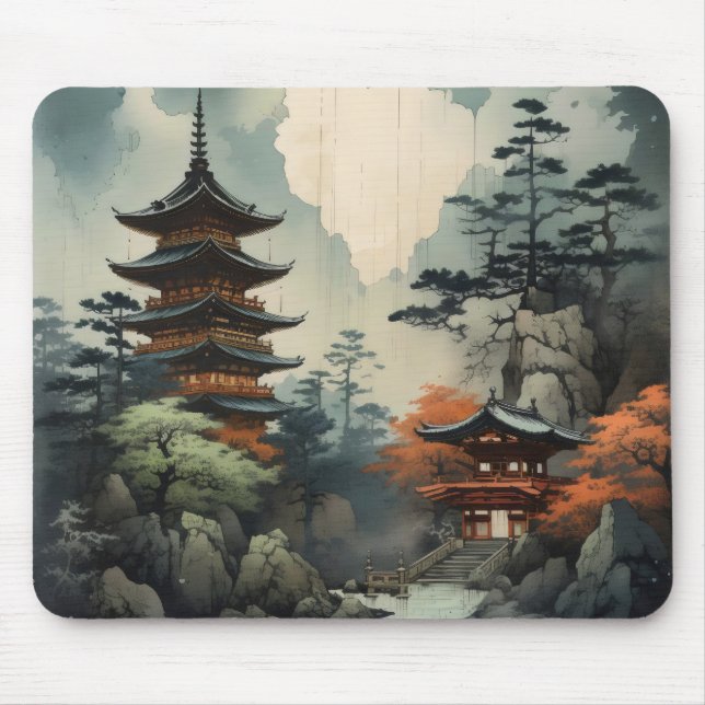 Woodblock Asian Houses Mouse Pad (Front)