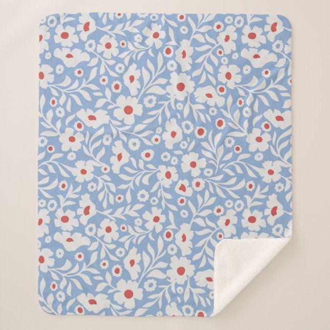 Woodblock Floral Pattern Sherpa Blanket (Front)