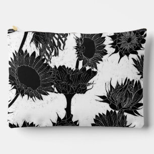 Woodblock Print Sunflower black & white Accessory Pouch