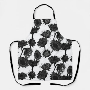 Woodblock Print Sunflower black & white Apron