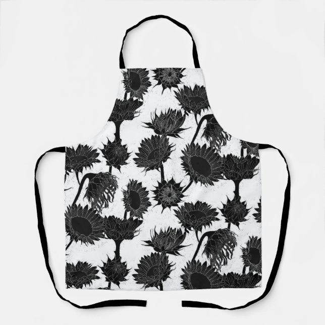 Woodblock Print Sunflower black & white Apron (Front)