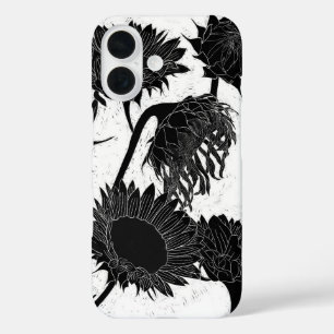 Woodblock Print Sunflower black & white iPhone 16 Case