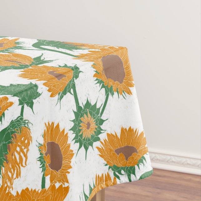 Woodblock Print Sunflower orange Tablecloth (In Situ)