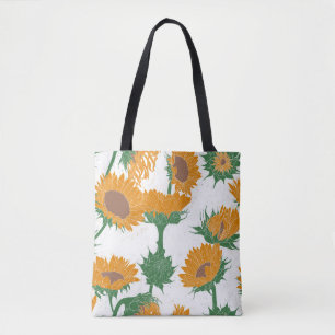 Woodblock Print Sunflower orange Tote Bag