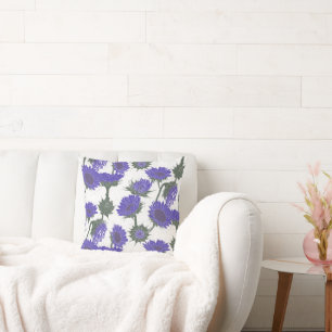 Woodblock Print Sunflower purple Cushion