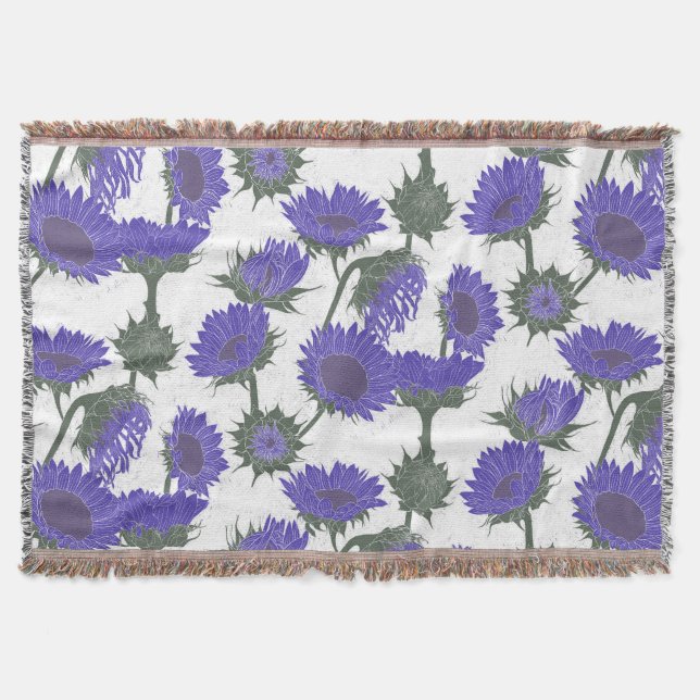 Woodblock Print Sunflower purple Throw Blanket (Front)