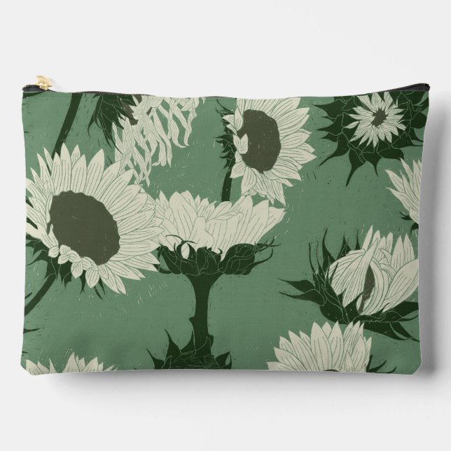 Woodblock Print Sunflower white Accessory Pouch (Front)