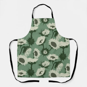 Woodblock Print Sunflower white Apron